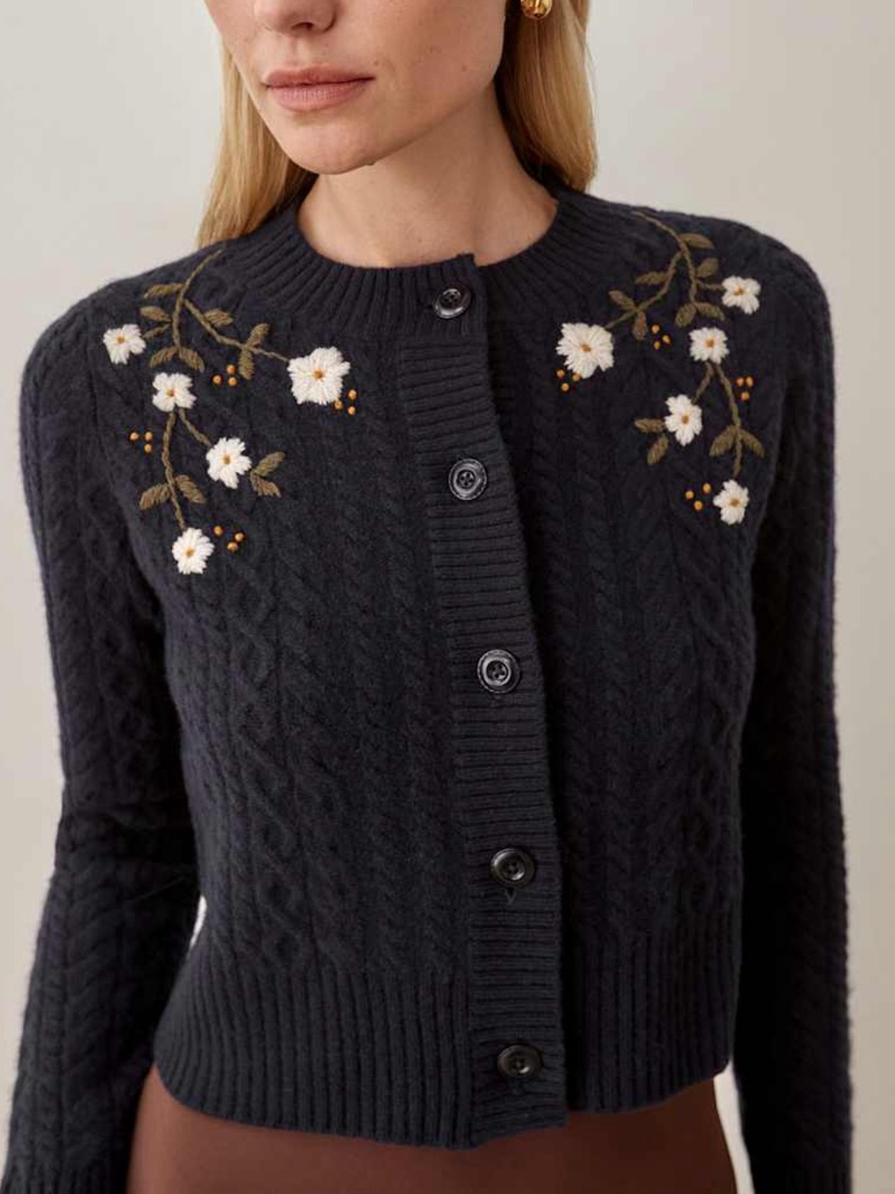 Reformation Loki Regenerative Floral Embroidered Crew Cardigan 100% WOOL
